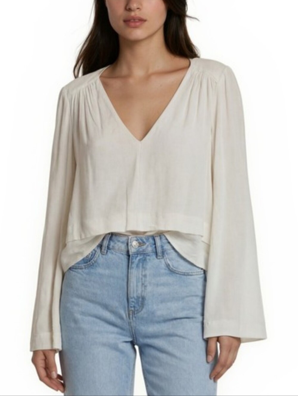 Free People White V Neck Bell Sleeve Cropped Boho Blouse Top Size M